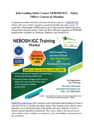 Join Leading Safety Course NEBOSH IGC – Safety Officer Courses in Mumbai