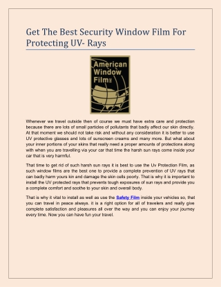 Get The Best Security Window Film For Protecting UV