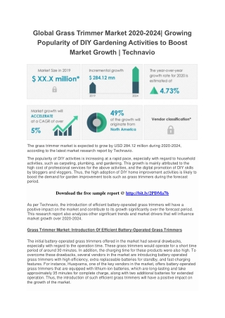 Global Grass Trimmer Market 2020-2024| Growing Popularity of DIY Gardening Activities to Boost Market Growth | Technavio