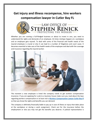 Get injury and illness recompense, hire workers compensation lawyer in Cutler Bay FL