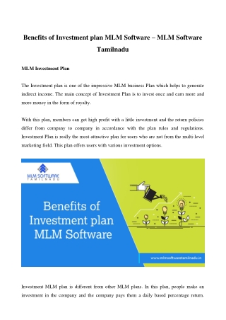 Benefits of Investment plan MLM Software – MLM Software Tamilnadu