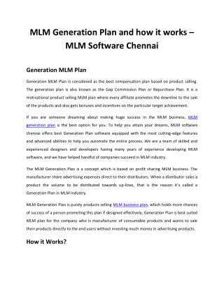 MLM Generation Plan and how it works – MLM Software Chennai