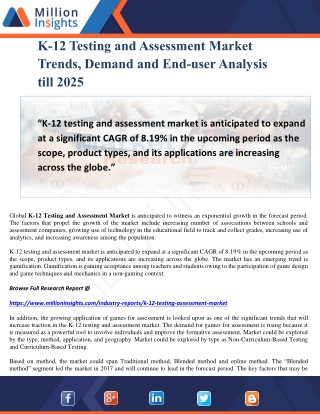 K-12 Testing and Assessment Market Trends, Demand and End-user Analysis till 2025