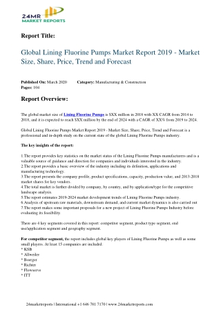 Lining Fluorine Pumps Strategic Assessment Of Evolving Technology, Growth Analysis, Scope And Foreca