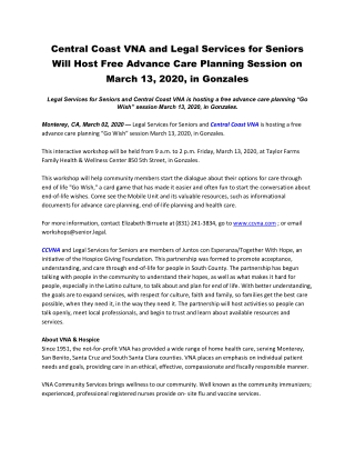 Central Coast VNA and Legal Services for Seniors Will Host Free Advance Care Planning Session on March 13, 2020, in Gonz