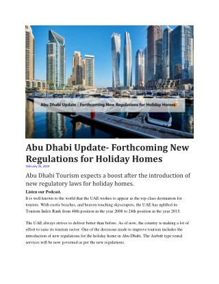 Abu Dhabi Update- Forthcoming New Regulations for Holiday Homes