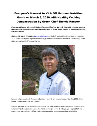 Everyone’s Harvest to Kick Off National Nutrition Month on March 8, 2020