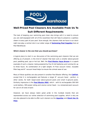 Well-Priced Pool Cleaners Are Available From Us To Suit Different Requirements