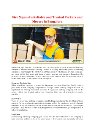 Five Signs of a Reliable and Trusted Packers and Movers in Bangalore