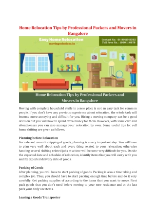Home Relocation Tips by Professional Packers and Movers in Bangalore