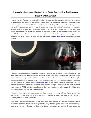 Primesohrs Company Limited: Your Go-to Destination for Premium Electric Wine Aerator