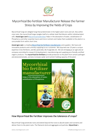 Mycorrhizal Bio Fertilizer Manufacturer Release The Farmer Stress By Improving The Yields