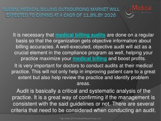 Global Medical Billing Outsourcing Market will expected to expand at a CAGR of 11.8%.by 2026