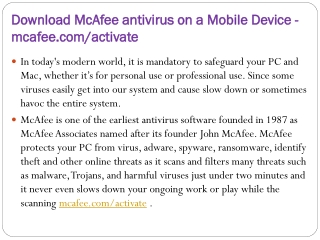 Download McAfee antivirus on a Mobile Device - mcafee.com/activate