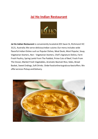 5% Off - Jai Ho Indian Restaurant Menu Takeaway & delivery in Richmond, VIC.