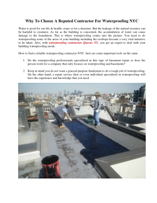 Why To Choose A Reputed Contractor For Waterproofing NYC