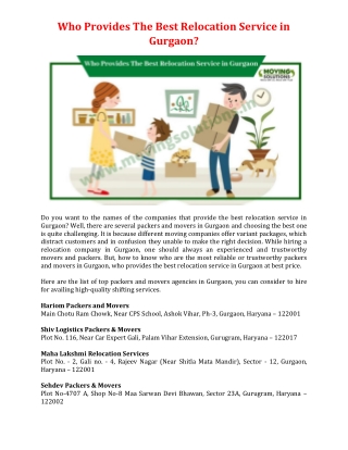 Who Provides The Best Relocation Service in Gurgaon?