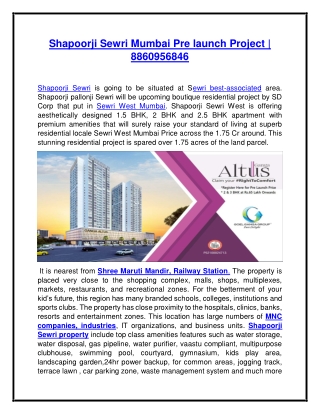 Shapoorji Sewri Mumbai Pre launch Project | 8860956846