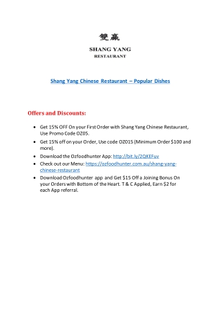 15% Off - Shang Yang Chinese Restaurant -  Chinese takeaway Indooroopilly, QLD