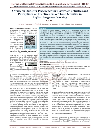 A Study on Students' Preference for Classroom Activities and Perceptions on Effectiveness of Those Activities in English