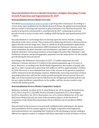 Neuromodulation Devices Market Dynamics, Insights, Emerging Trends, Growth Projection and Segmentation By 2027