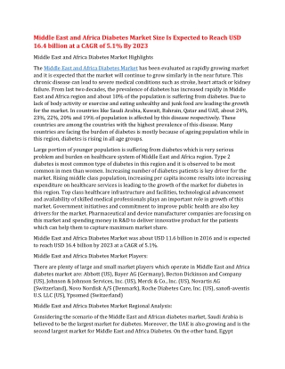 Middle East and Africa Diabetes Market Size Is Expected to Reach USD 16.4 billion at a CAGR of 5.1% By 2023