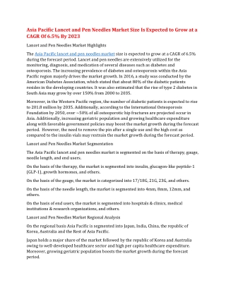 Asia Pacific Lancet and Pen Needles Market Size Is Expected to Grow at a CAGR Of 6.5% By 2023