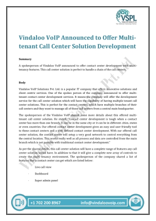 Vindaloo VoIP Announced to Offer Multi-tenant Call Center Solution Development