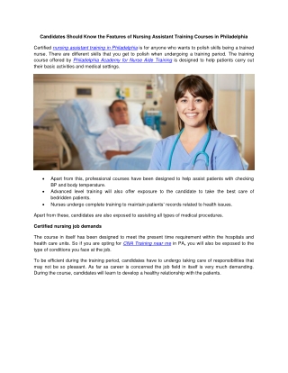 Candidates Should Know the Features of Nursing Assistant Training Courses in Philadelphia
