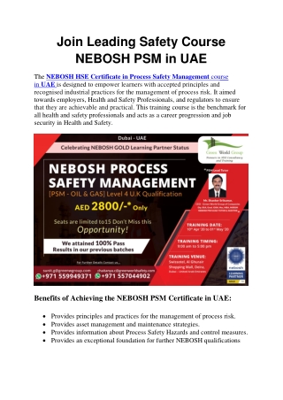 Join Leading Safety Course NEBOSH PSM in UAE