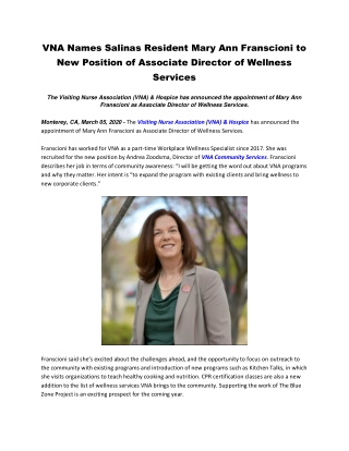 VNA Names Salinas Resident Mary Ann Franscioni to New Position of Associate Director of Wellness Services