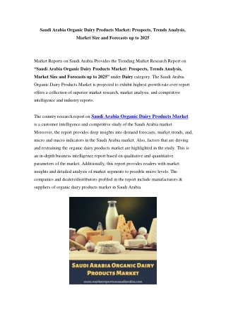 Saudi Arabia Organic Dairy Products Market Opportunity and Forecast Till 2025