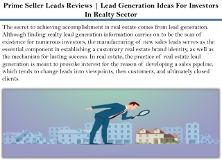 Prime Seller Leads Reviews | Lead Generation Ideas For Investors In Realty Sector