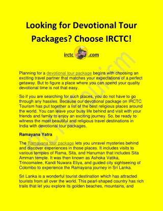 Looking for Devotional Tour Packages? Choose IRCTC!