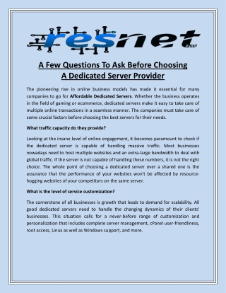 A Few Questions To Ask Before ChoosingA Dedicated Server Provider