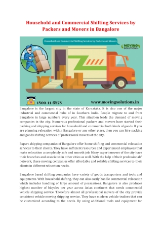 Household and Commercial Shifting Services by Packers and Movers in Bangalore