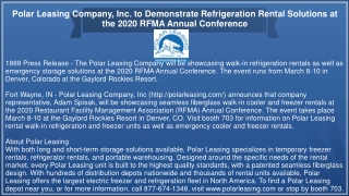 Polar Leasing Company, Inc. to Demonstrate Refrigeration Rental Solutions at the 2020 RFMA Annual Conference