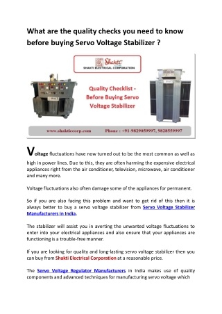 What are the quality checks you need to know  before buying Servo Voltage Stabilizer ?