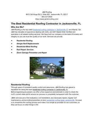 Residential Roofing Contractor in Jacksonville FL