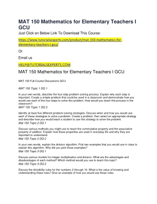 MAT 150 Mathematics for Elementary Teachers I GCU