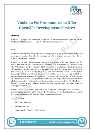 Vindaloo VoIP Announced to Offer OpenSIPs Development Services