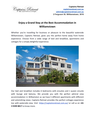 Enjoy a Grand Stay at the Best Accommodation in Williamstown