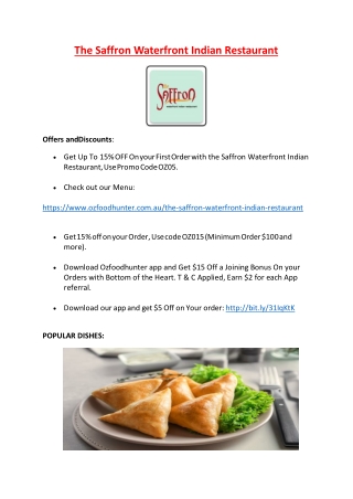 15% Off - The Saffron Waterfront Indian Restaurant Hobart Menu, TAS
