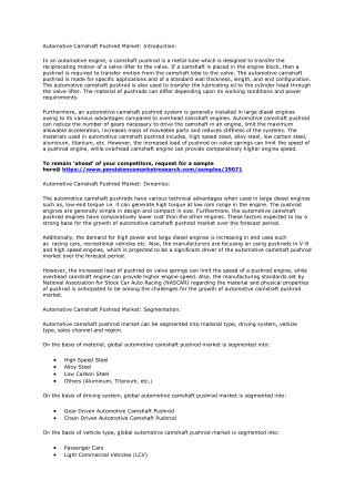Research Report Explores the Automotive Camshaft Pushrod Market Period of 2019 - 2029