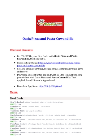 5% Off - Oasis Pizza and Pasta Restaurant Menu in Cowandilla SA