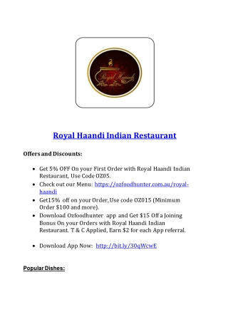 5% Off - Royal Haandi Menu - Indian restaurant Stepney, SA