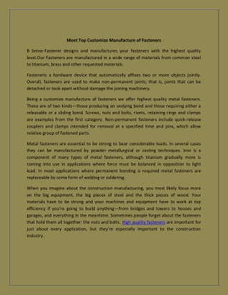 Meet Top Customize Manufacture of Fasteners