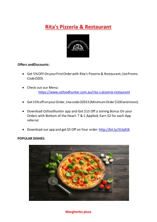 5% off - Rita's Pizzeria & Restaurant Chirnside Park Menu, VIC