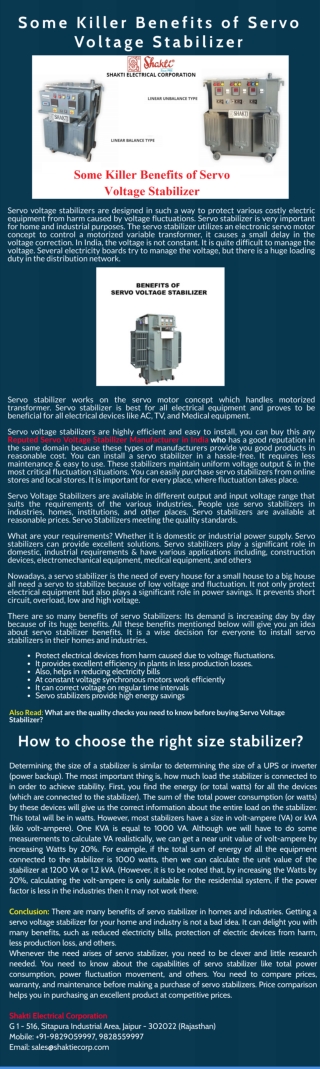 Some Killer Benefits of Servo Voltage Stabilizer