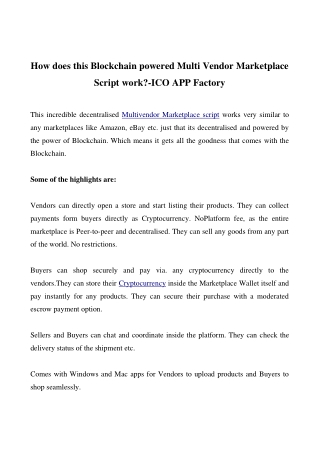 How does this Blockchain powered Multi Vendor Marketplace Script work?-ICO APP Factory